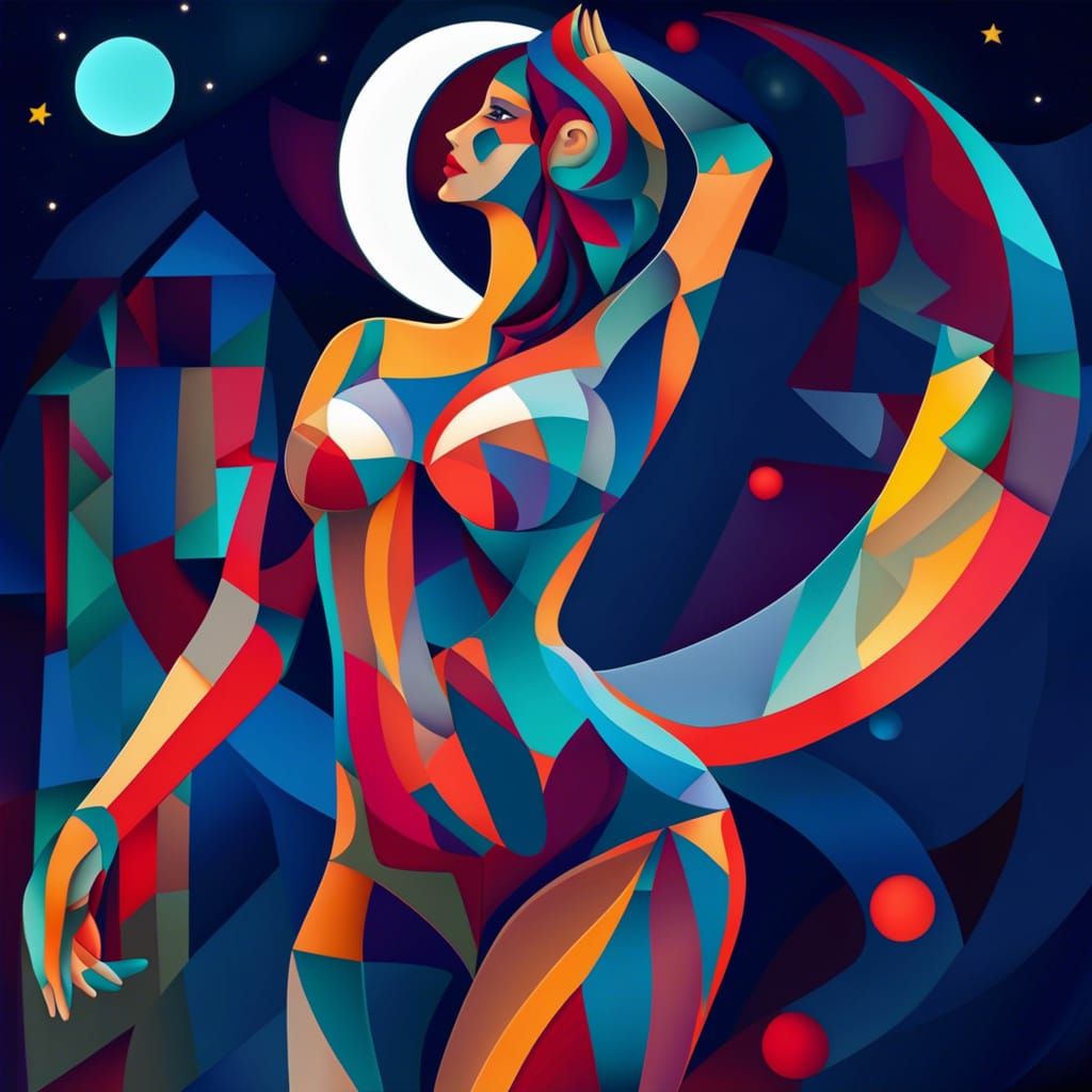 Sensual Woman in Cubist Digital Art Under Christmas Moon