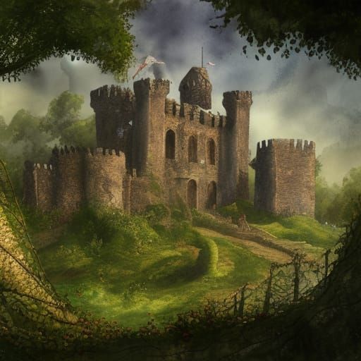 Vine-Draped Medieval Castle Ruins in Watercolor Style