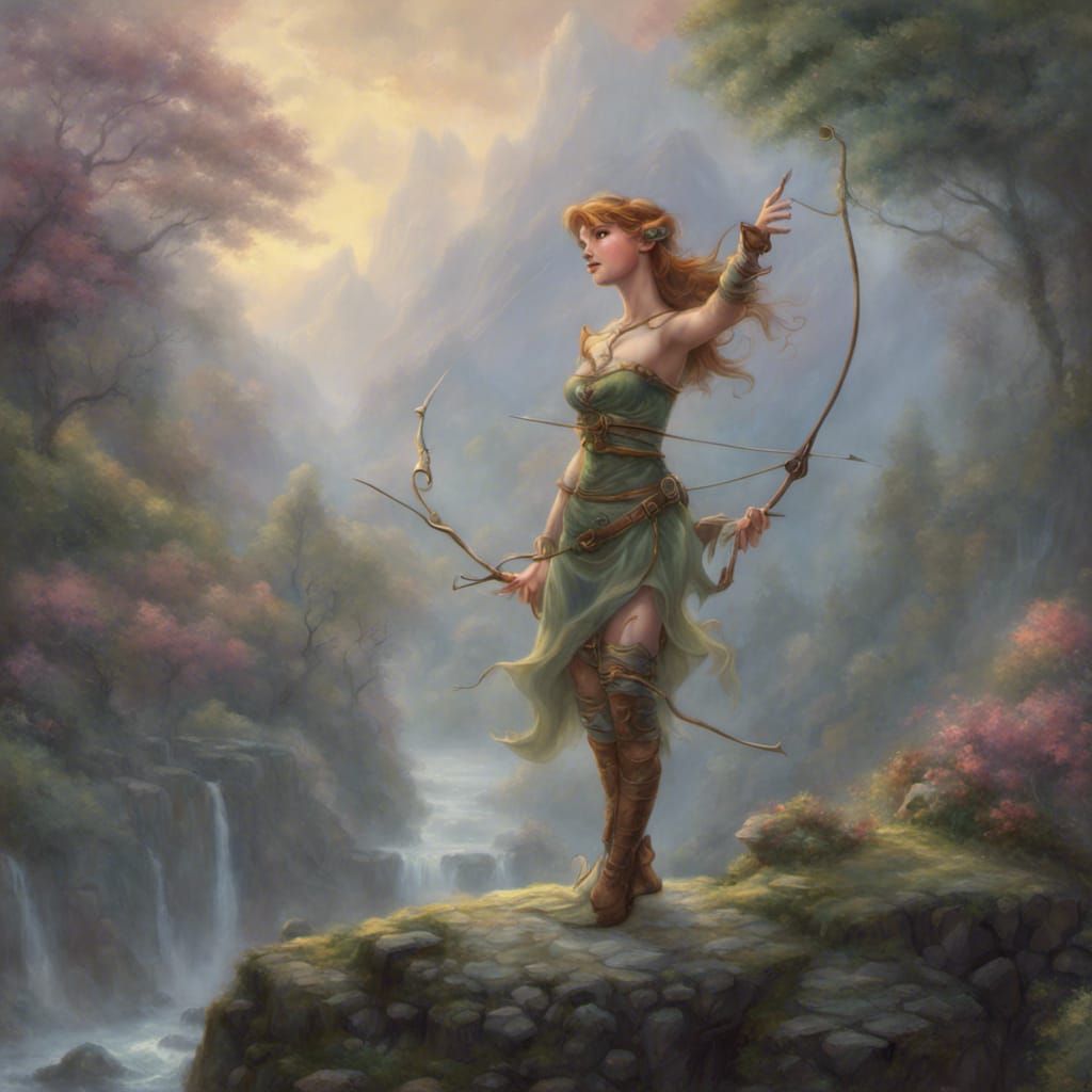 Ethereal Cartoon Elf Archer in Misty Landscape