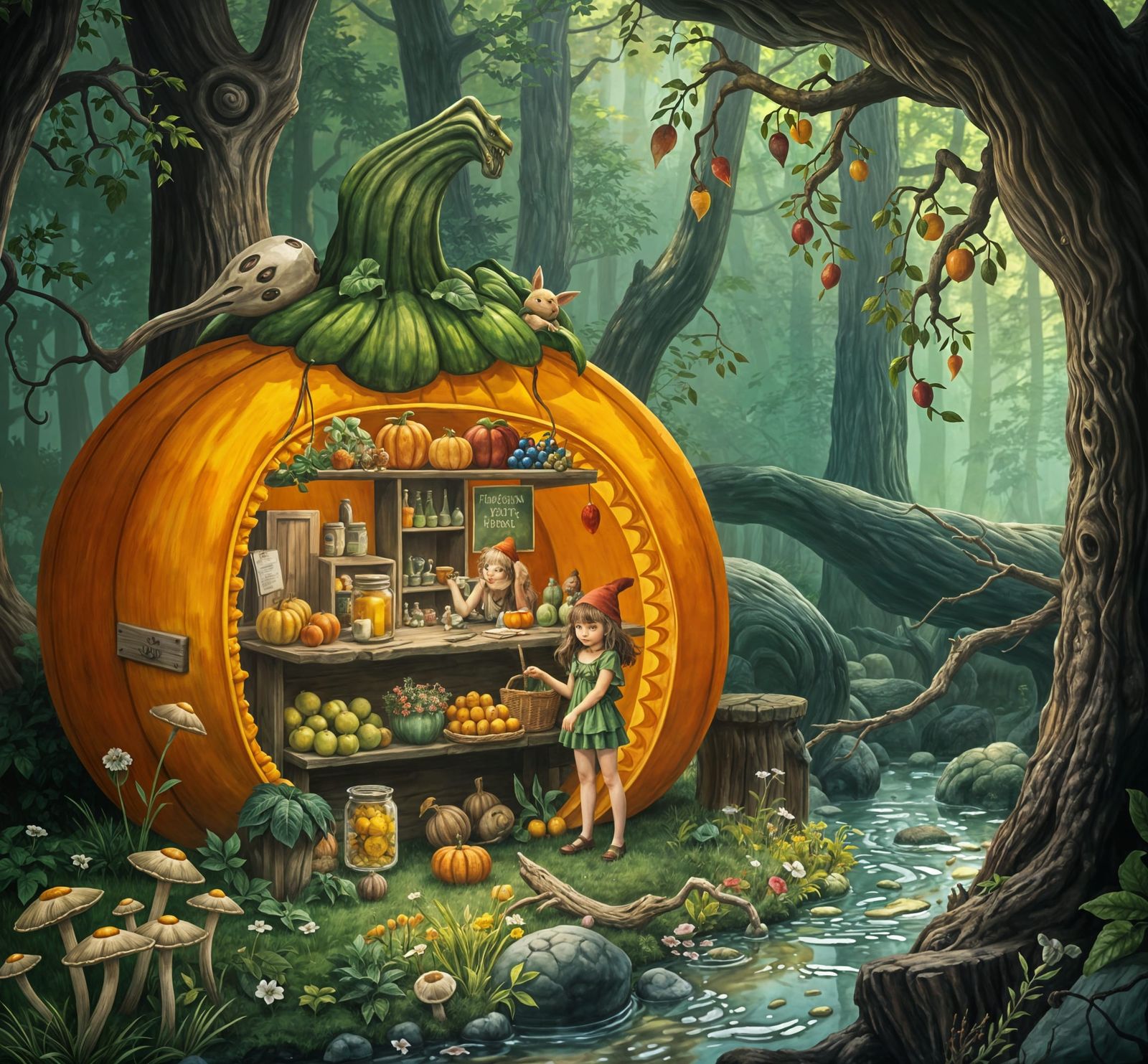 Whimsical Pumpkin Farmstand in Fantasy Forest