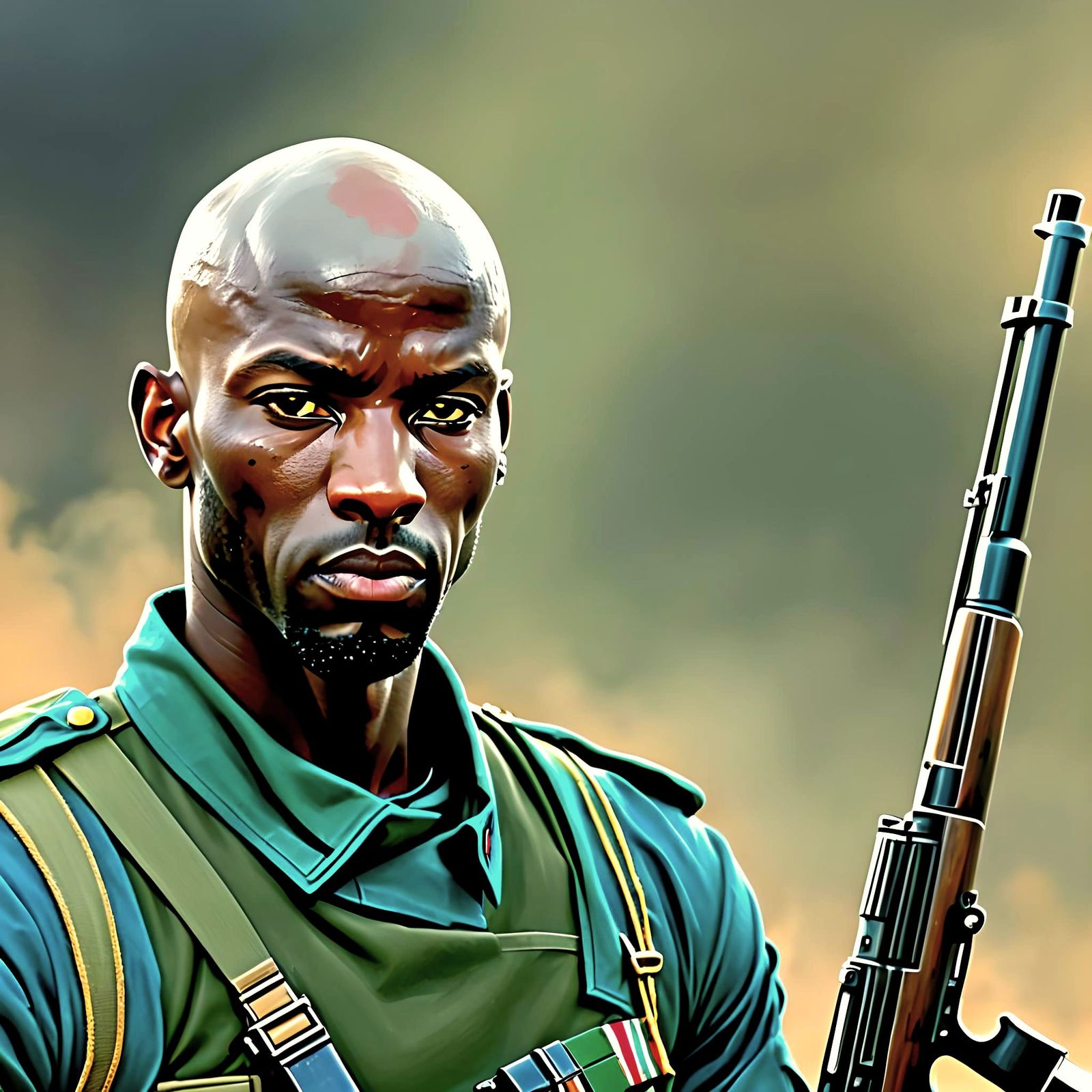 Athletic African Soldier in Blue-Green Uniform