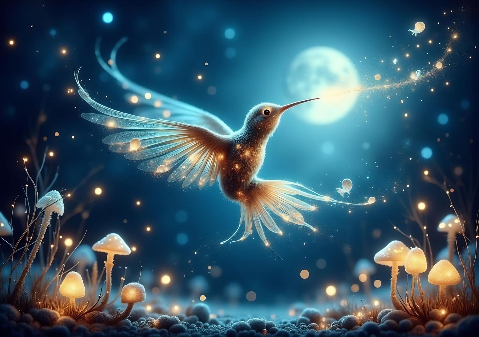 Diamond Hummingbirds in Fairy Forest at Night