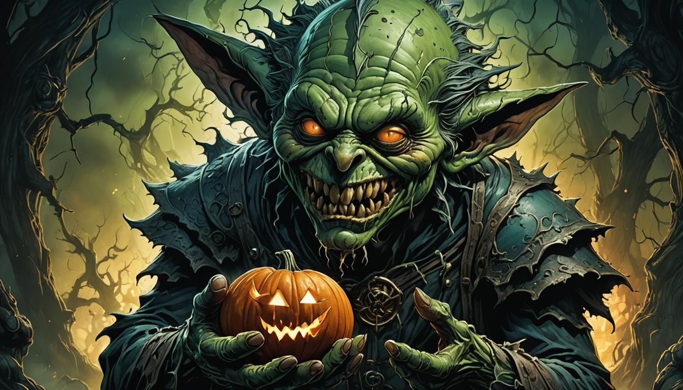 Grotesque Hobgoblin with Glowing Pumpkin, Comic Book Art
