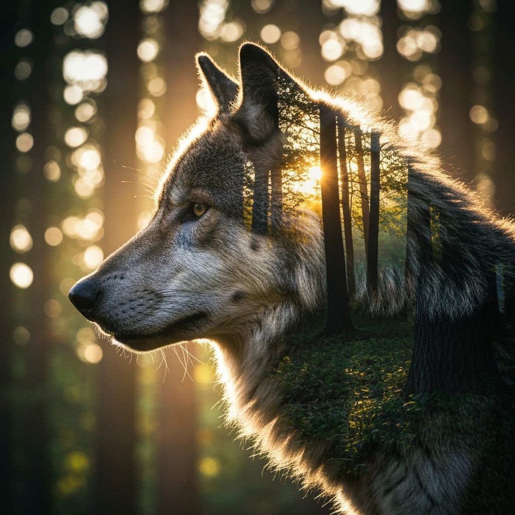 Wolf Silhouette Over Sun-Dappled Forest Landscape