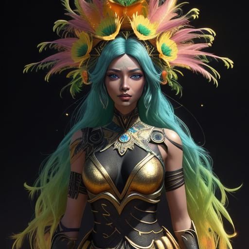 Gold Woman with Peacock Feathers, 3D Digital Art