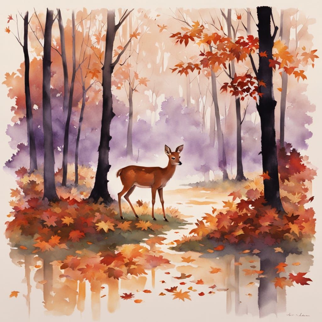 Fawn in Autumn Grove with Sumi Ink