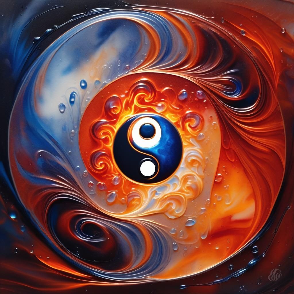 Ethereal Yin Yang: Oil and Flame in Watercolor