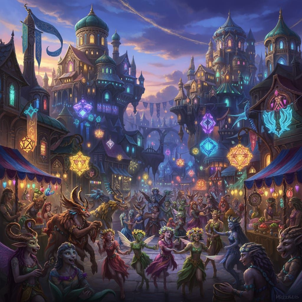 Fantasy Creatures Celebrate in Jewel-Like Cityscape