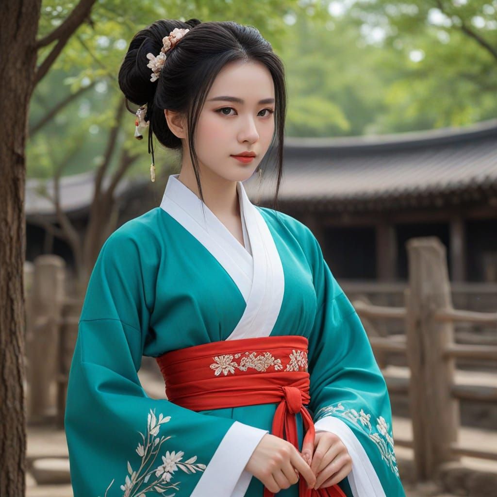 Cyber Hanfu Girl in Vibrant Contrast