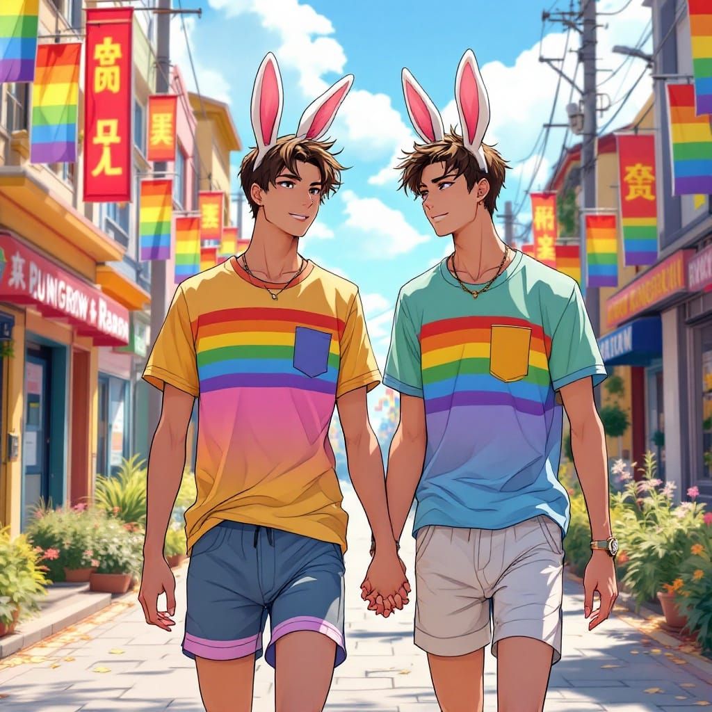Gay Anime-Inspired Couple Walking Hand in Hand Under Rainbow...