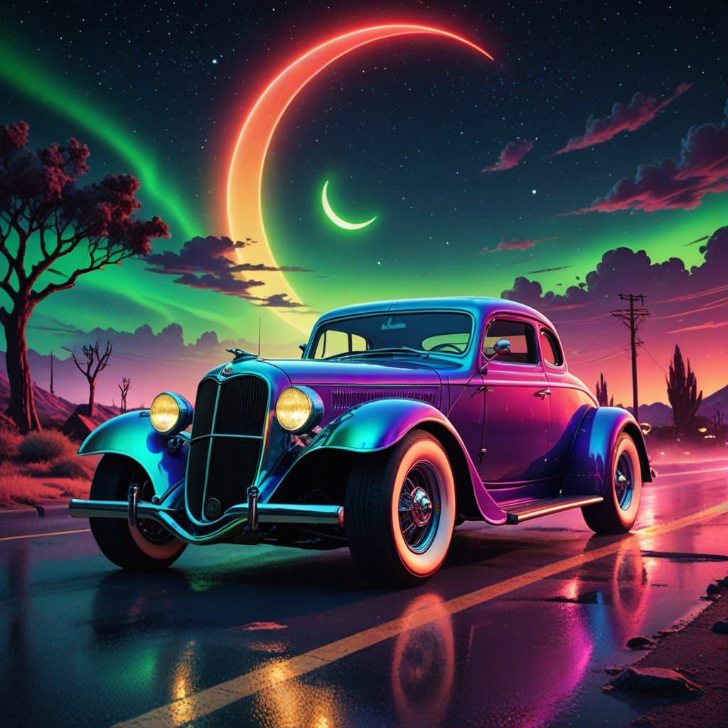 Retro Futurism Hot Rod Under Aurora Borealis