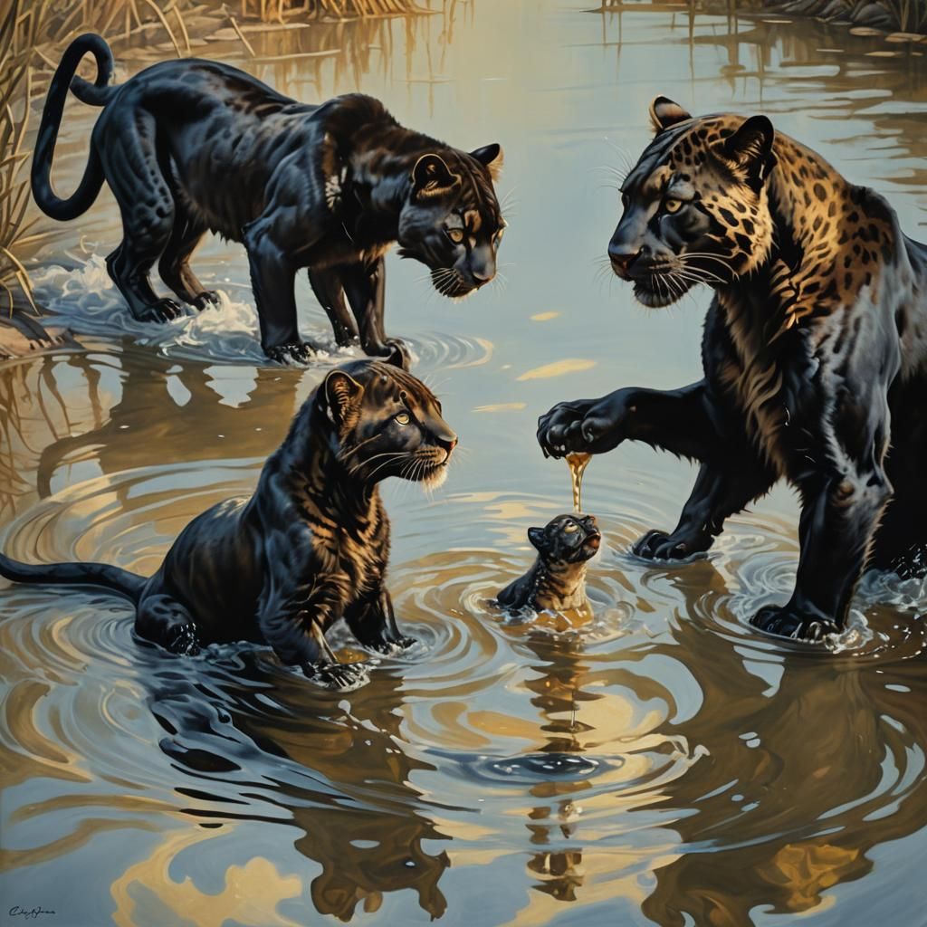 Panthers and Cub at Lake, Surrealist Oil Painting