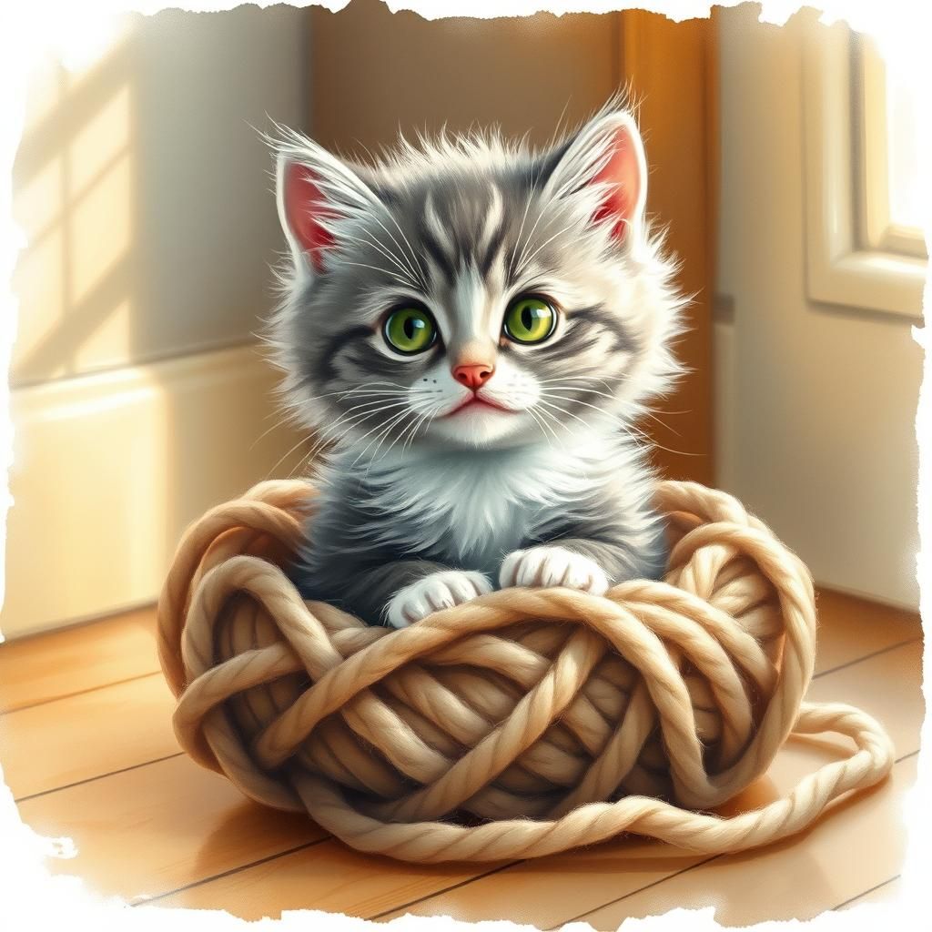 Adorable Kitten in Yarn Ball, Watercolor Illustration