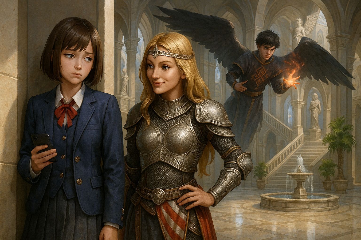 Surreal School Scene with Armored Woman and Magic