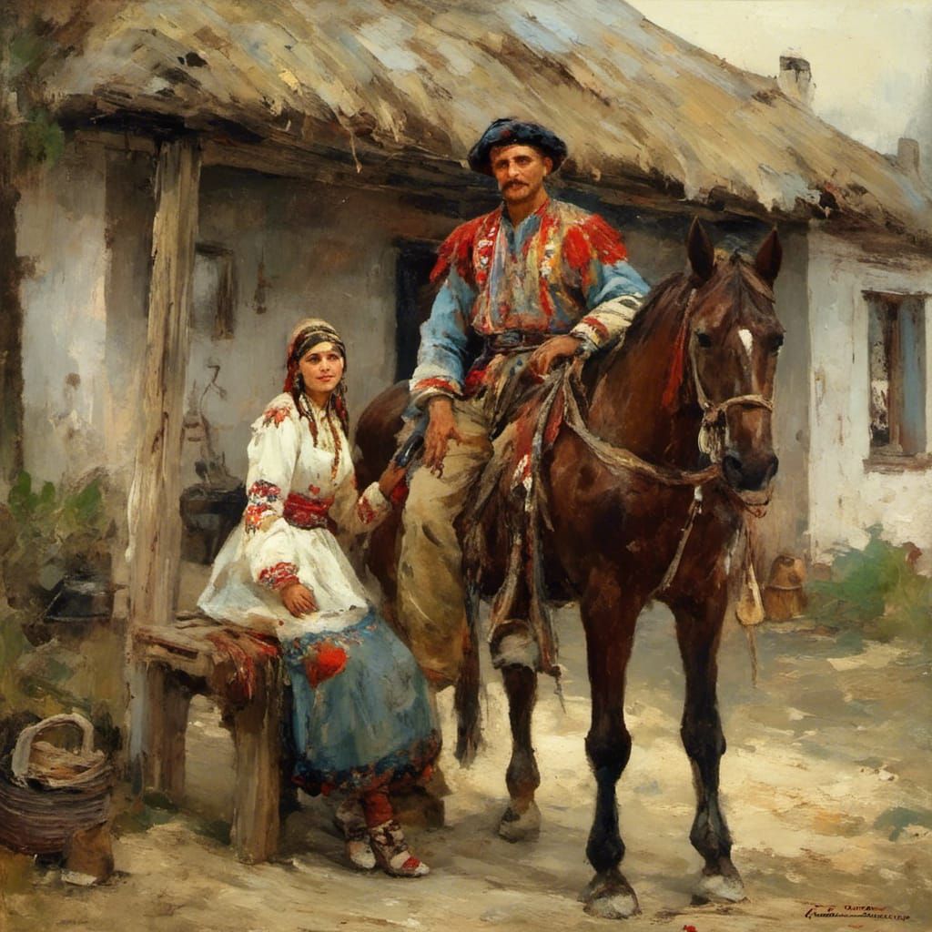 Ukrainian Woman's Farewell to Cossack in Traditional Style
