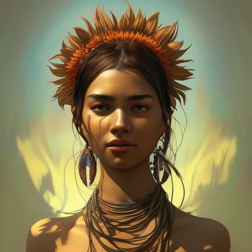 Tribal Woman Portrait with Sunflowers, Detailed Art