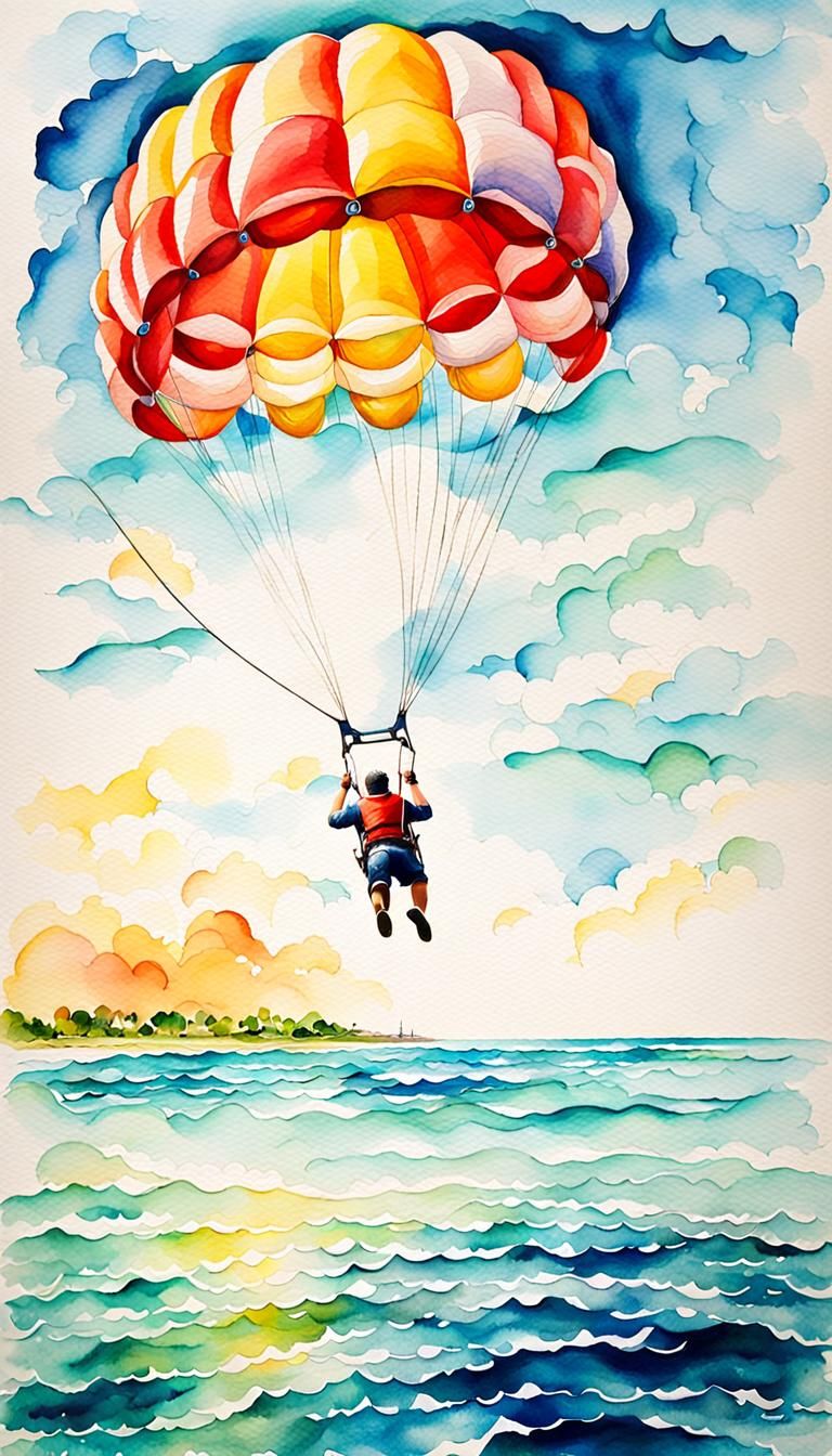 Parasailing Over Calm Sea: Watercolor Painting