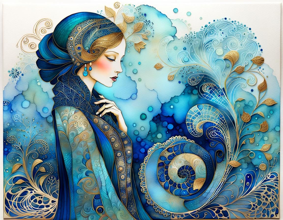 Blue Bohemian Beauty with Paisley Zentangle Background