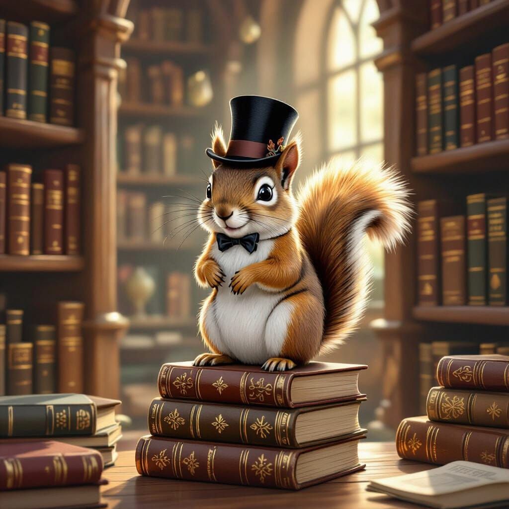 Squirrel in Top Hat in Whimsical Storybook Library