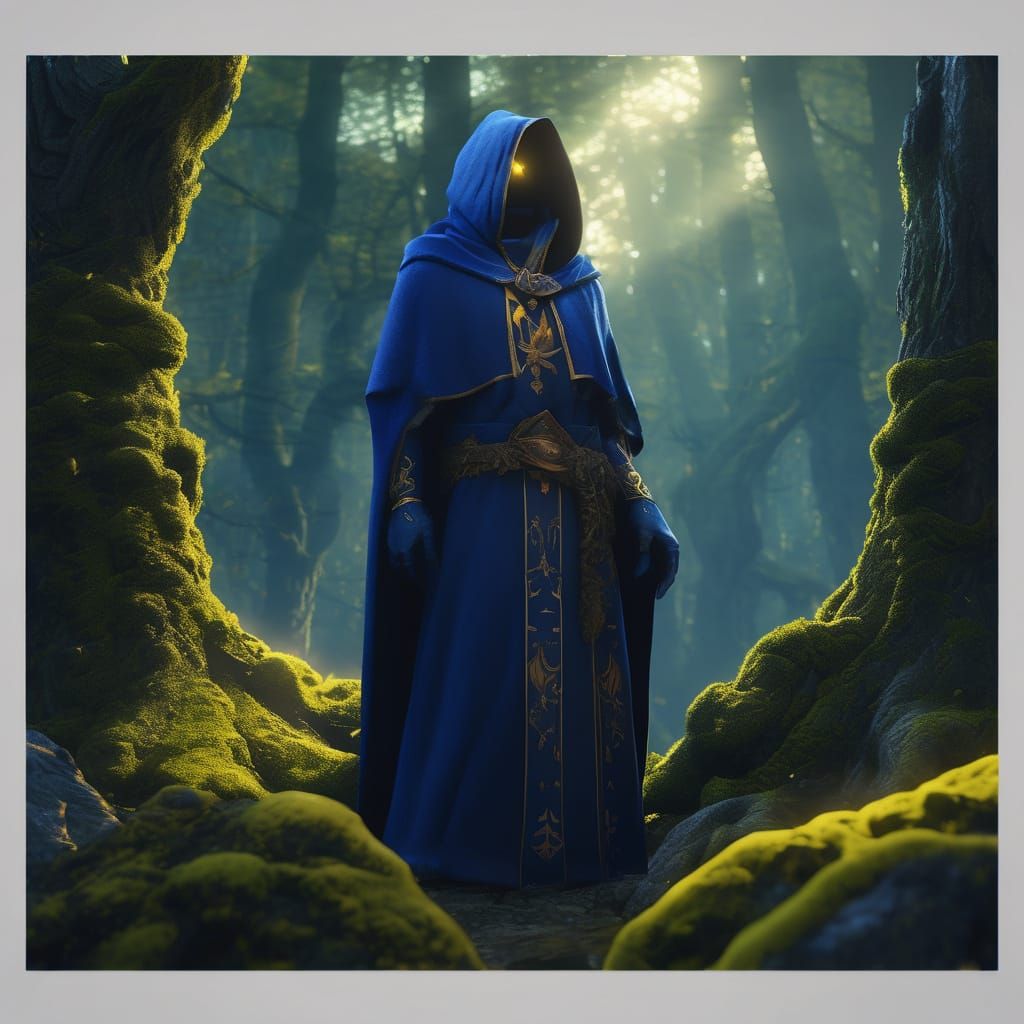 Mage in Blue Robes Before Mossy Forest