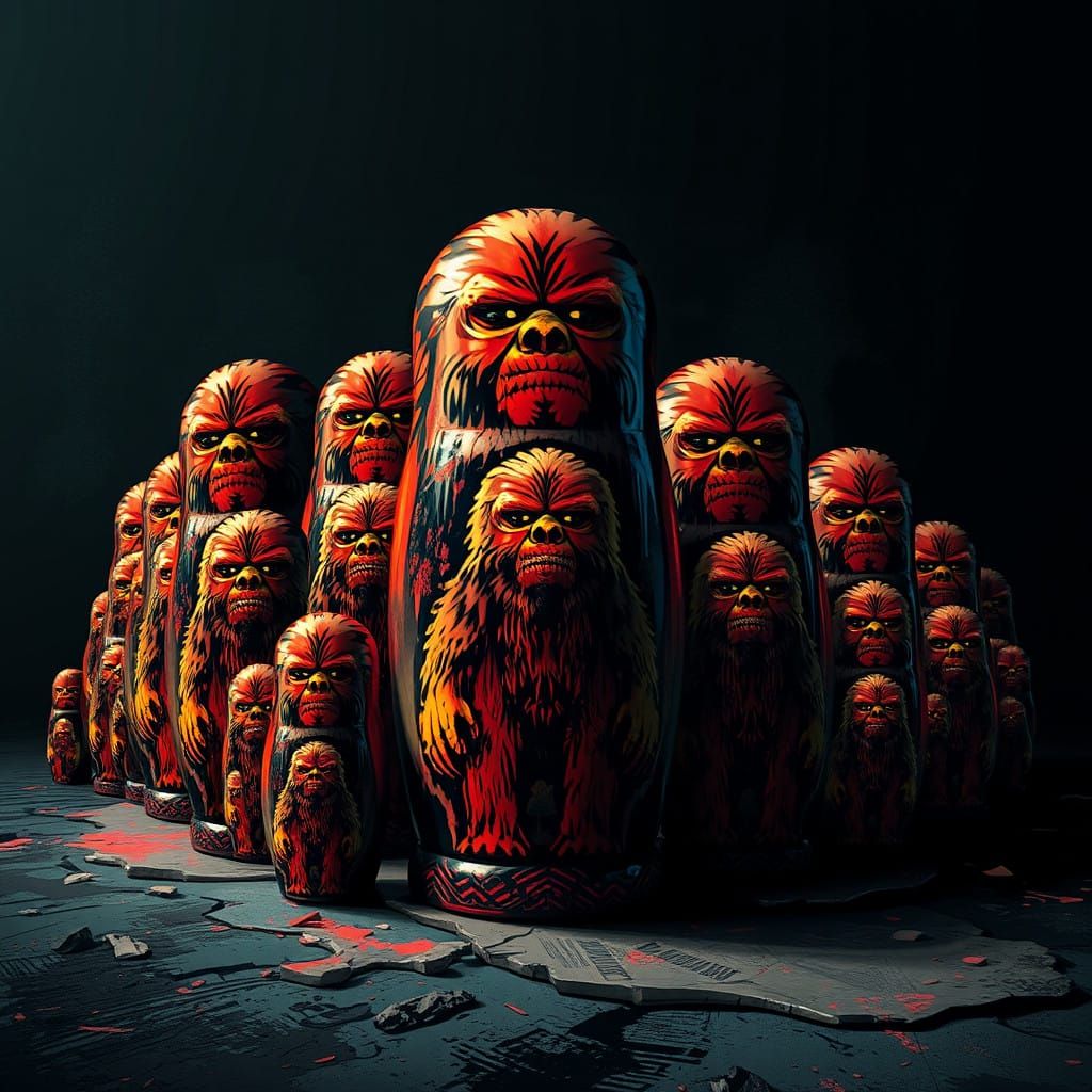 Surreal Sasquatch Matreshkas in Cyberpunk Aesthetic