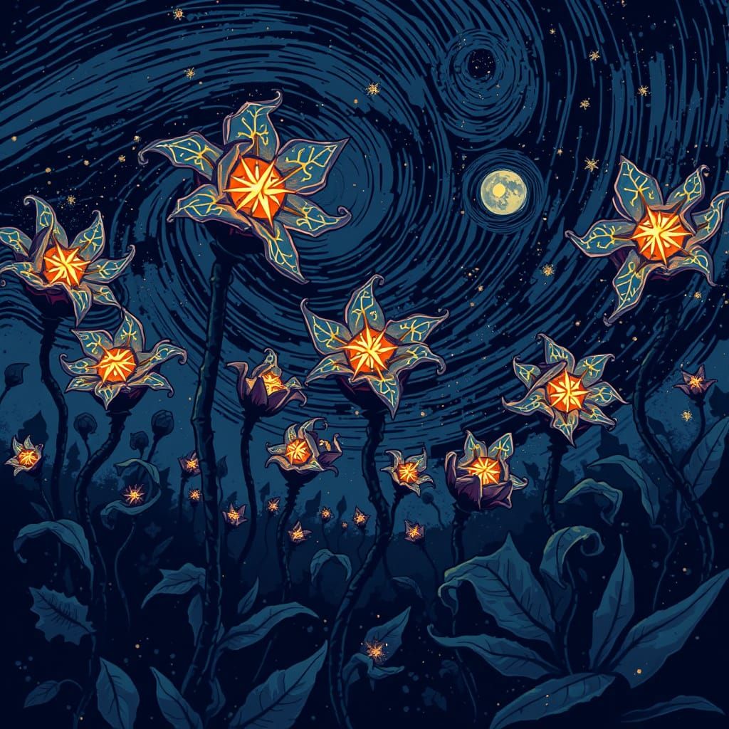 Twisted Starry Blooms in Dark Fantasy Pixel Art