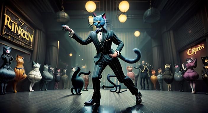 Anthropomorphic Cat Dancing in 1930s Style
