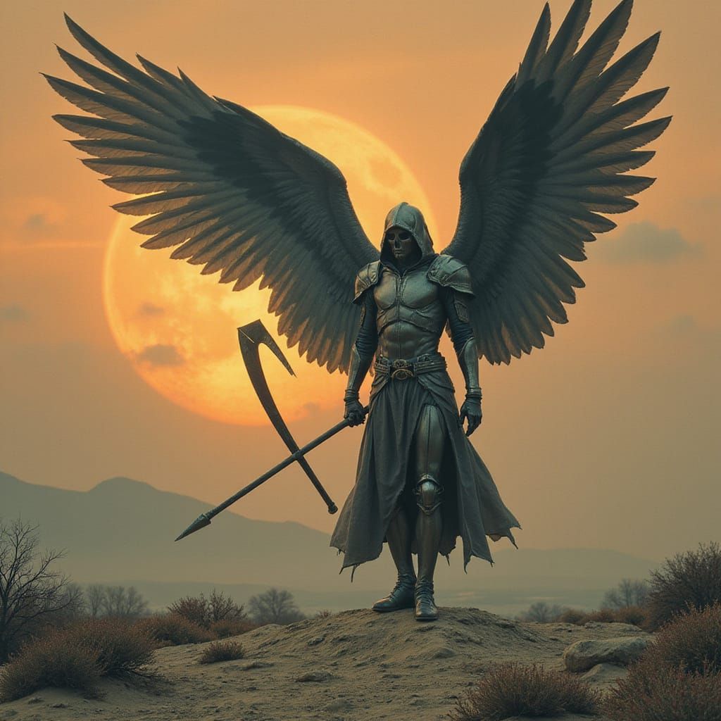 Retro-Futuristic Angel of Death in Metallic Armor