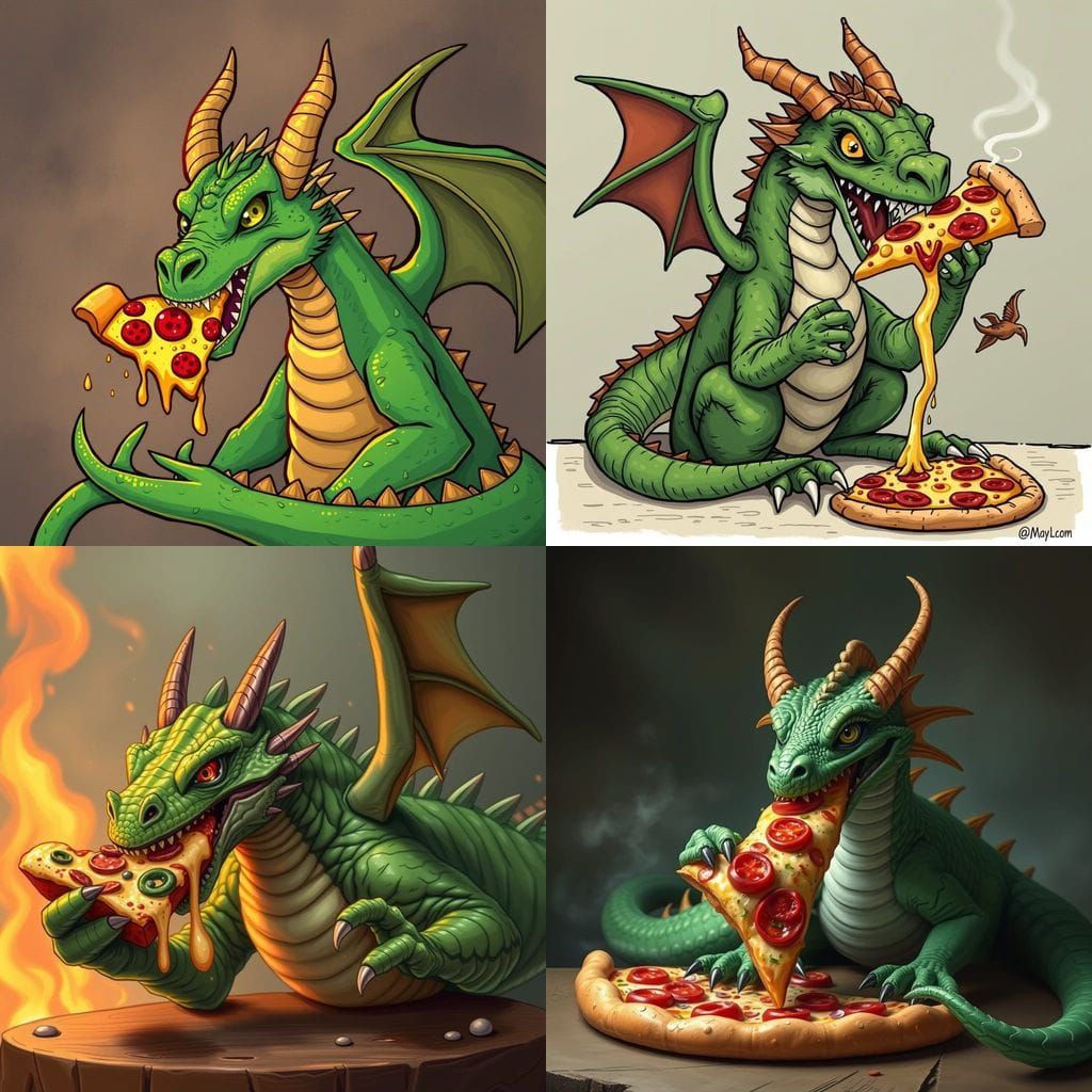 Mythical Green Dragon Devours Pizza in a Fantastical Feast