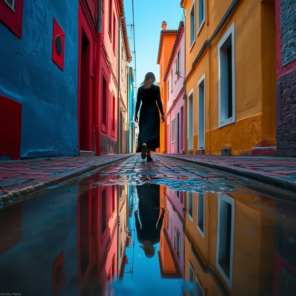Vibrant Alley with Reflection in Abstract Expressionist Styl...
