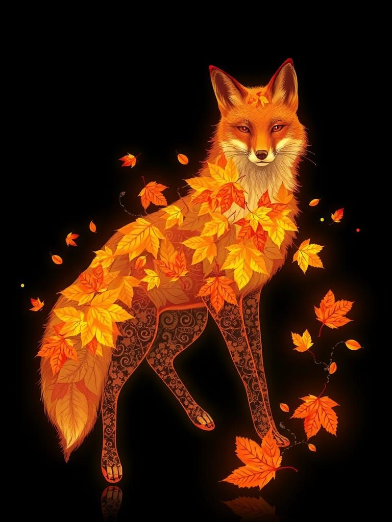 Luminous Fox Crafted from Autumn Leaves