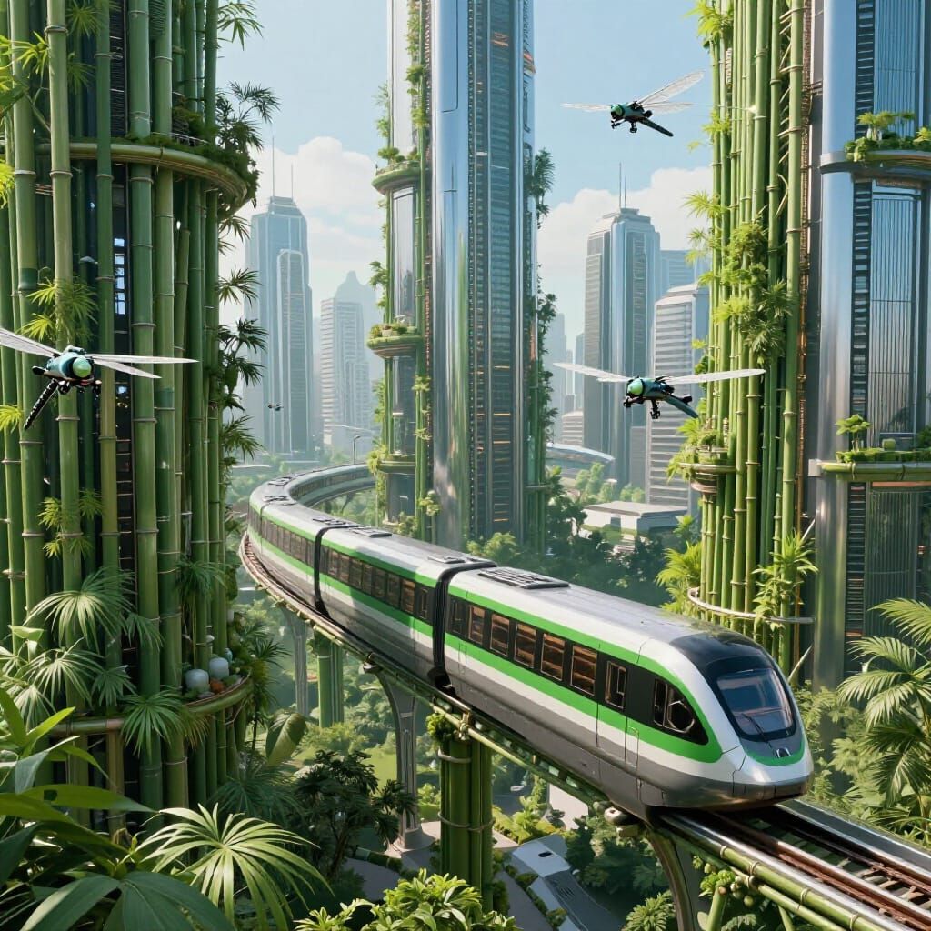Biopunk Cityscape With Bamboo Forests and Flying Drones