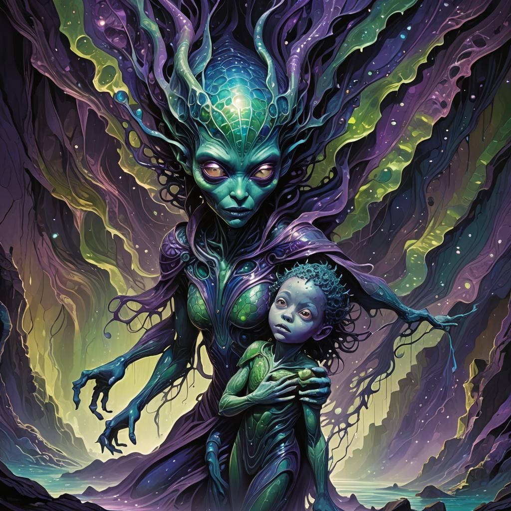 Menacing Alien Hovering Over Child in Cave