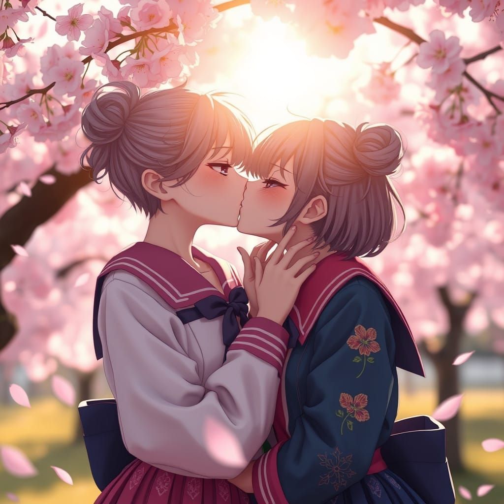 Serene Teenage Girls Share Tender Cherry Blossom Kiss