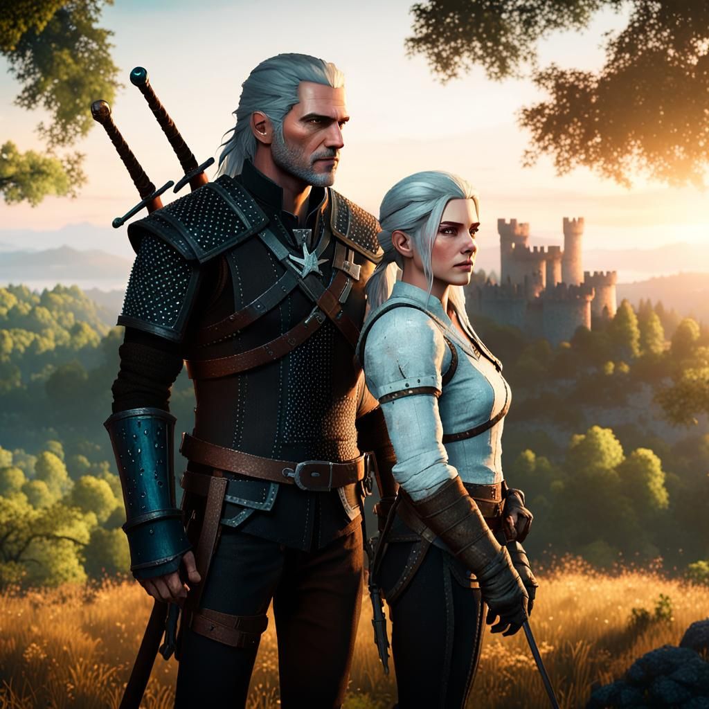 Geralt and Ciri at Sunset: Witcher 3 Scene