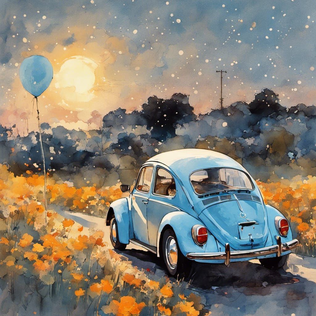 1970s Beetle Under Sunset in Gouache Style