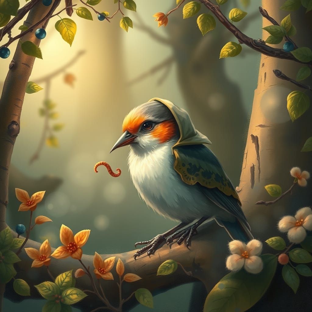 Bird in Whimsical Forest Eating Worm