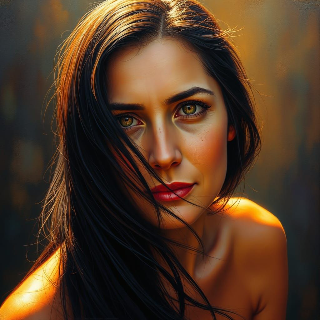 Woman with Golden Eyes in Mystical Realism Style