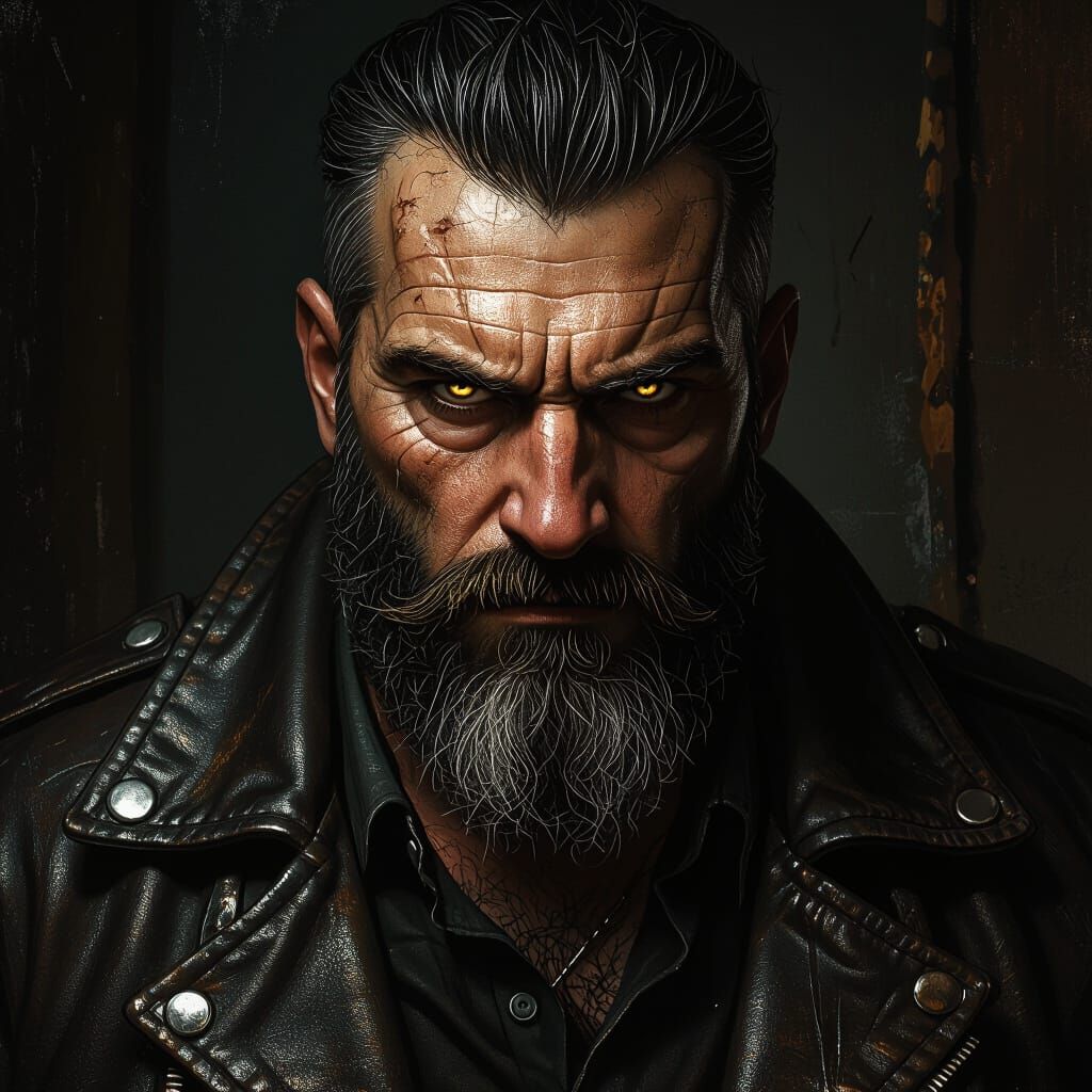 Menacing Man with Piercing Eyes in Dark Surreal Style