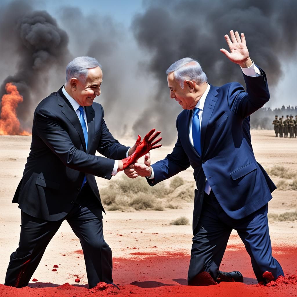 Netanyahu and Netanyahu, doing a big hi five, with  bloody hands, poorly war background.