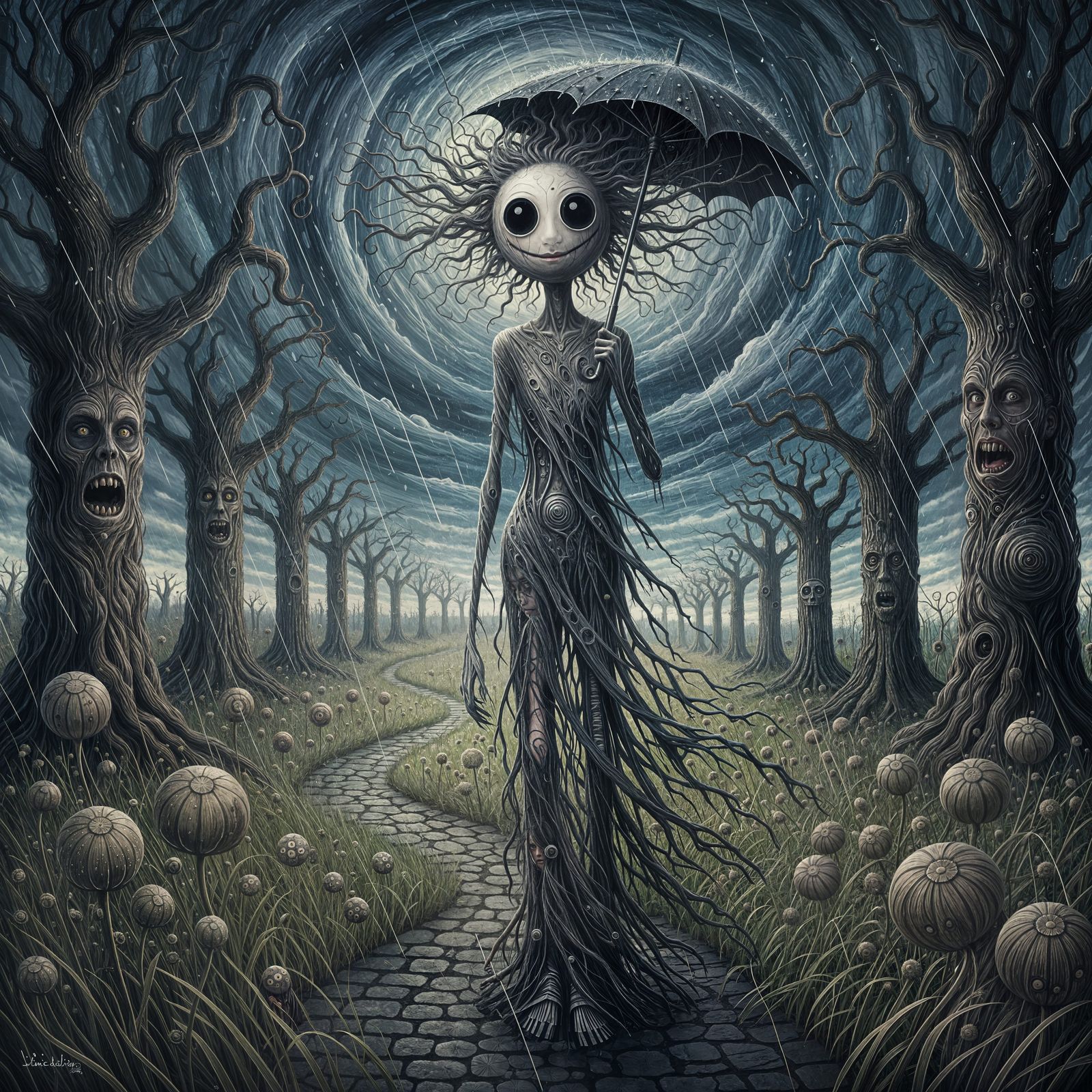 Whimsical Chaos: Emo Figure in Tenebrism Rain Scene