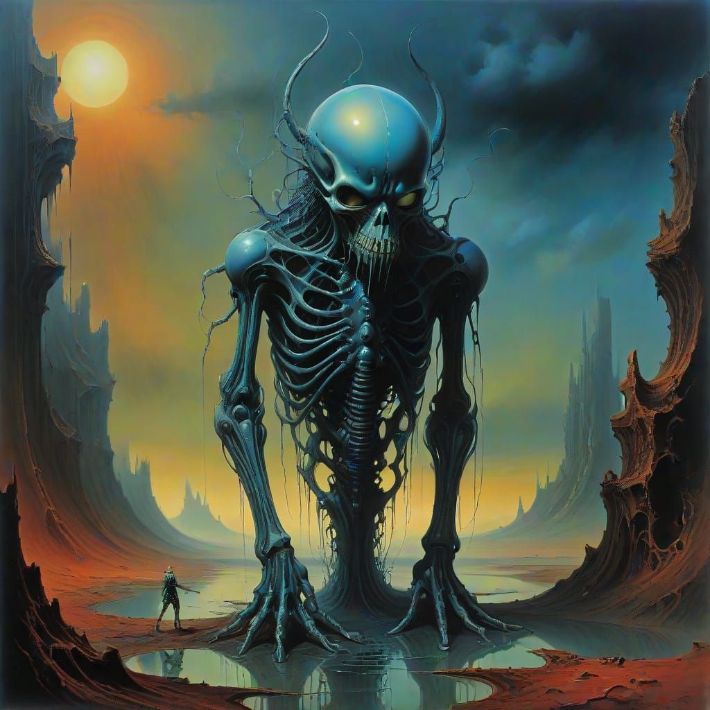 Ethereal Being in a Melting, Surreal Landscape on Planet X