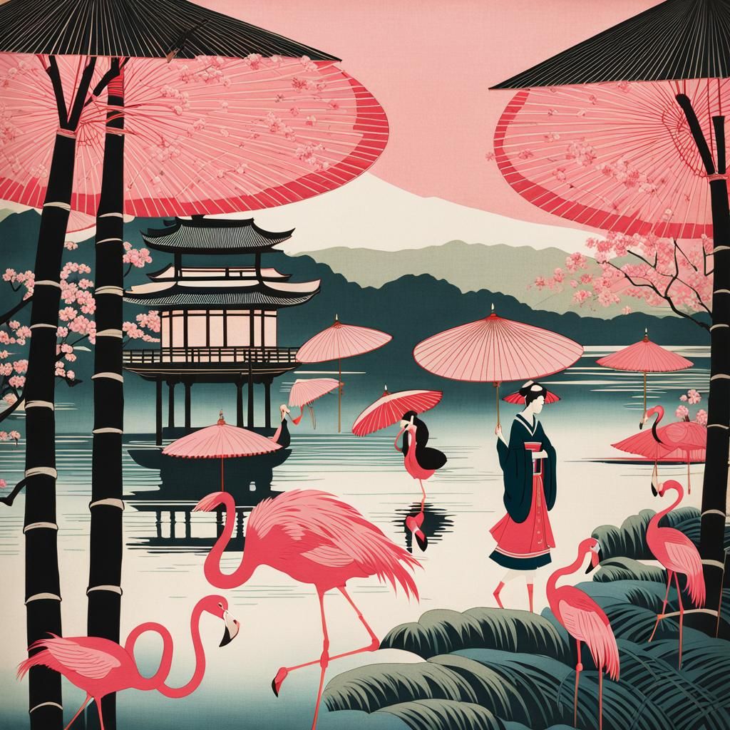Ukiyo-e Woodblock Print: Flamingo on Oriental Lake