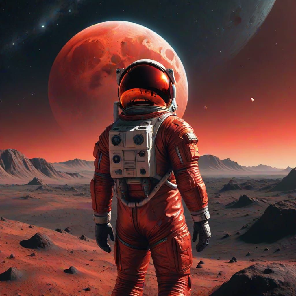 Astronaut on Alien Planet Gazing at Red Moon