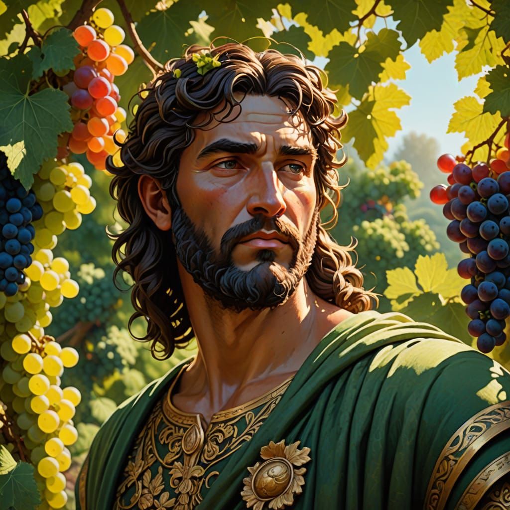 Hyperrealistic Bacchus Amidst Vibrant Vineyard