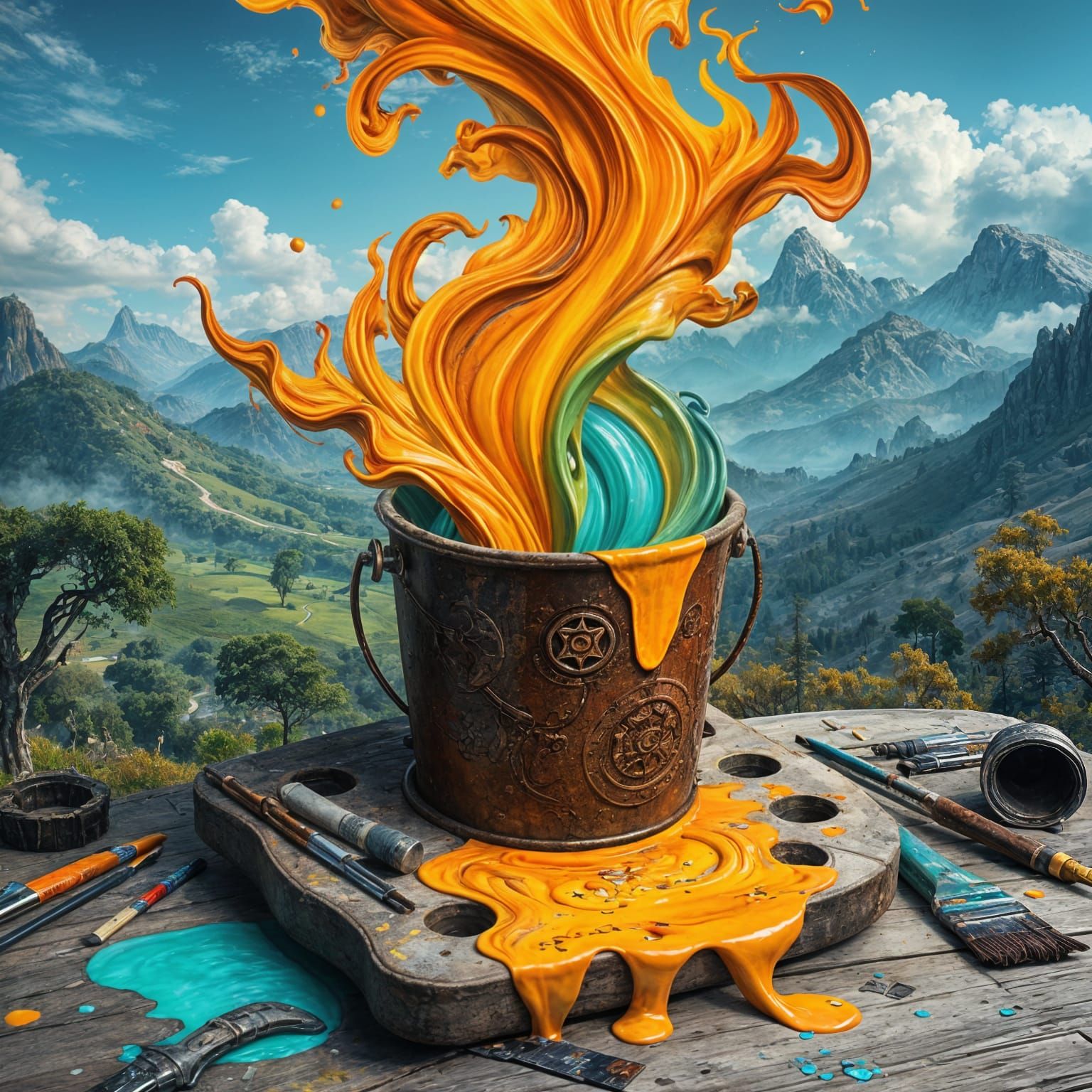 Landscape Pouring Out of Paint Bucket