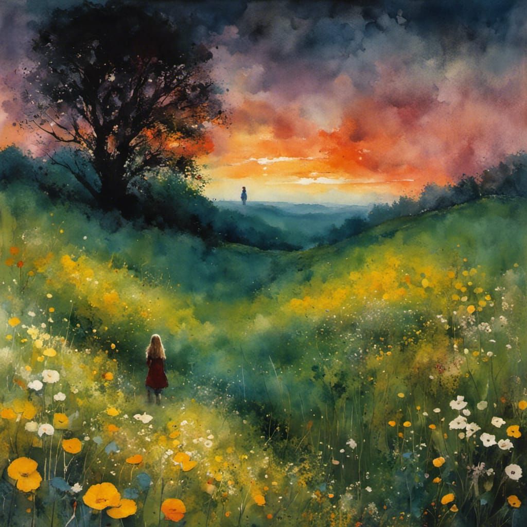 Girl in Blooming Flower Meadow: Watercolor Art