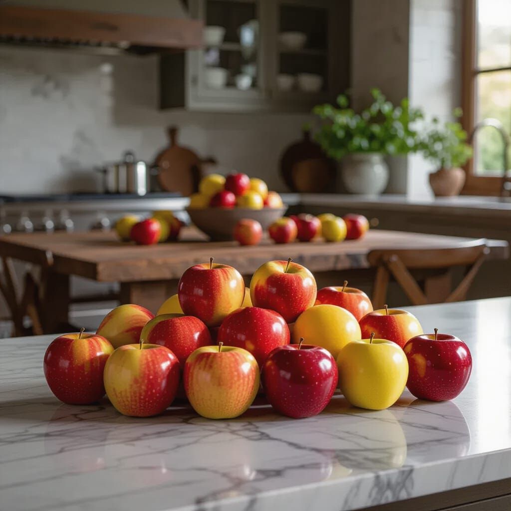 Hyperrealistic Oil Painting of Apples in a Modern Kitchen