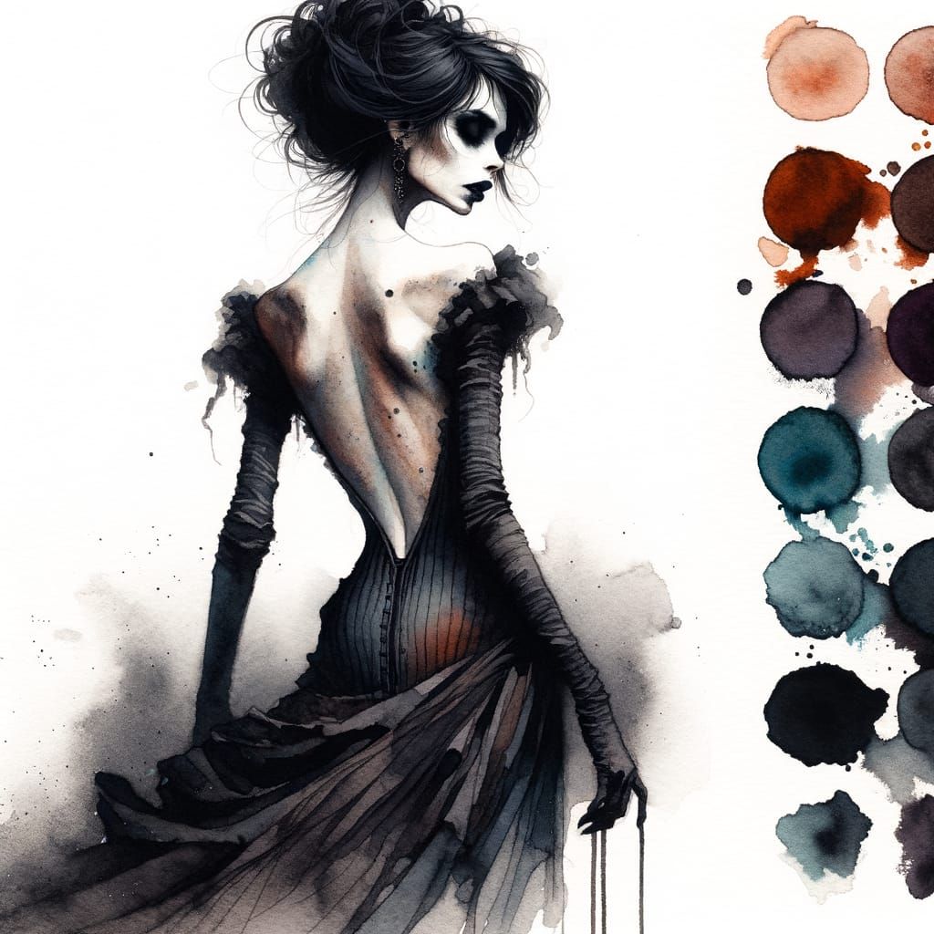 Eerie Gothic Woman in Watercolor Style