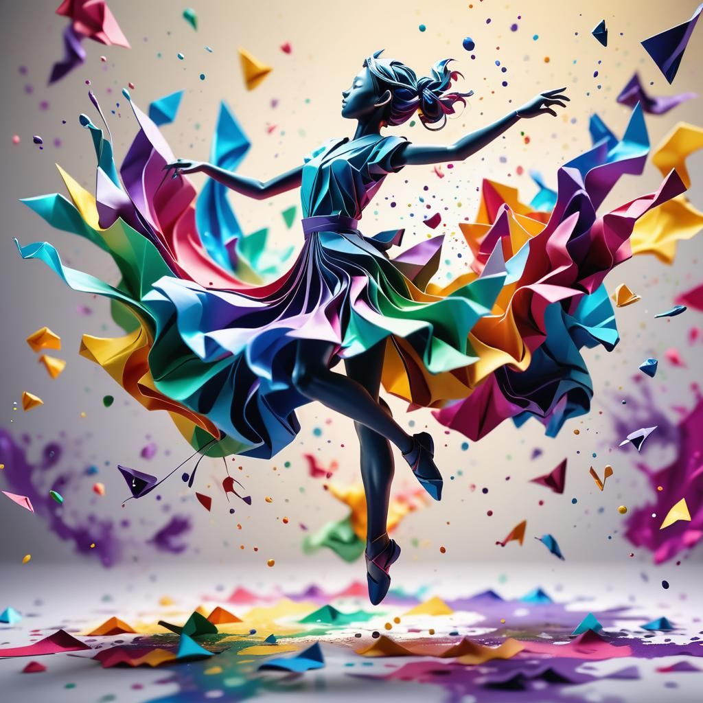 Origami Dance in Ink Splatter Splash Art